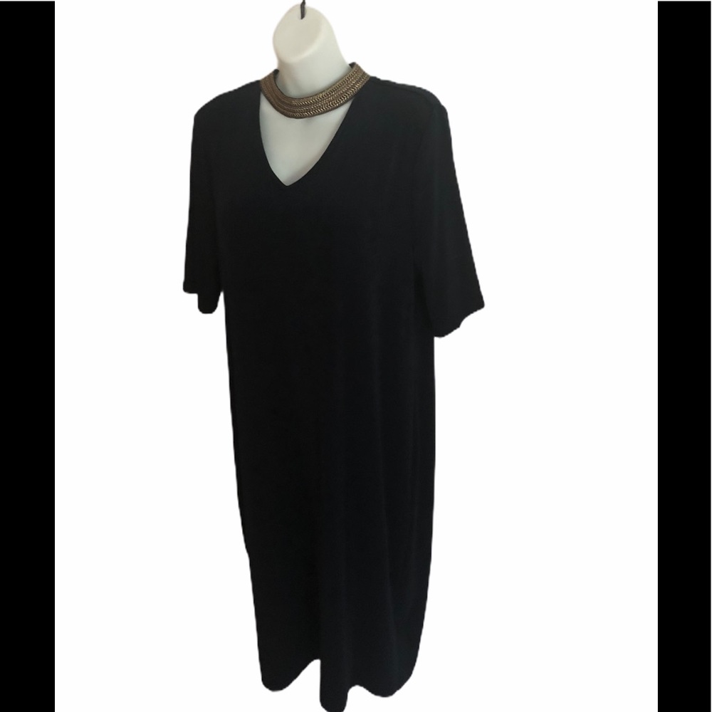 Chico’s Travelers Slinky Navy Dress Gold Trim 2/L